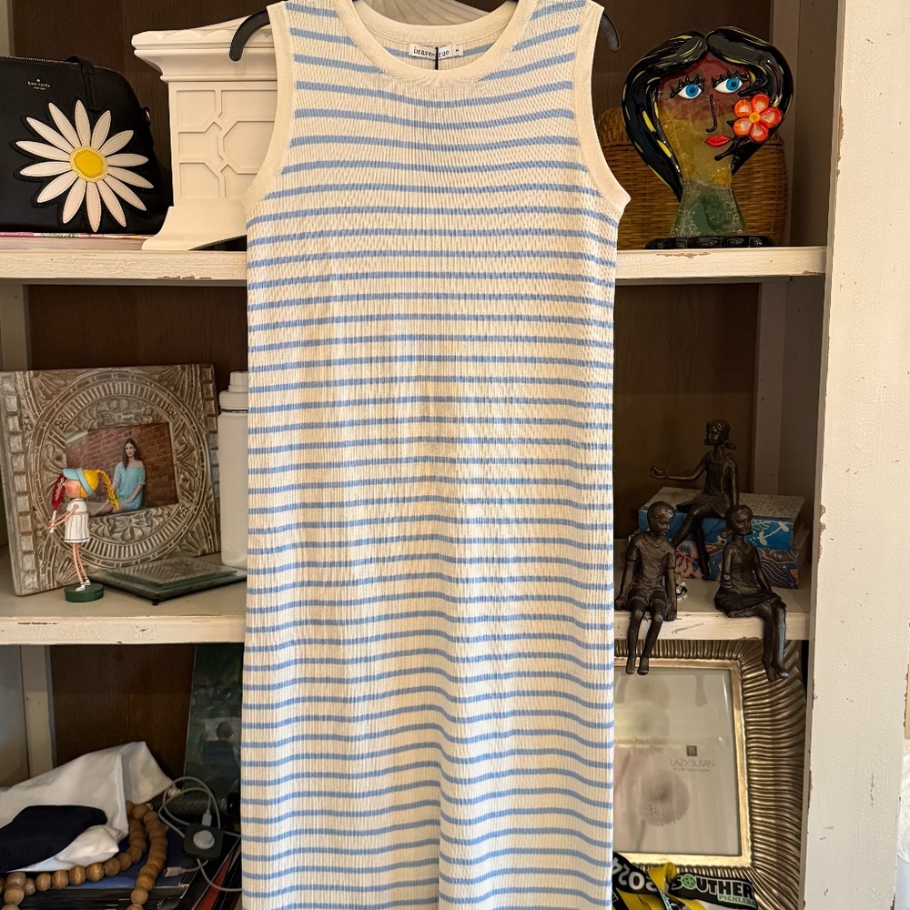 Brave + True Small S squad striped ribbed midi dress ecru blue nwt - Picture 5 of 7